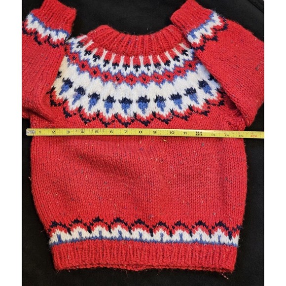 Hand Knit Toddler Sweater Wool Blend Fair Isle Red Crew Neck Unisex Cardigan - Picture 6 of 13